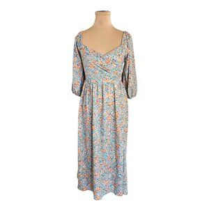 Piper & Scoot Light Blue & Orange Puff Sleeve Floral Dress Sz S